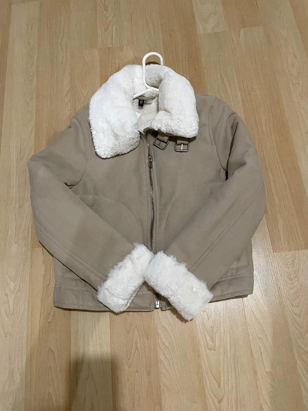 H&M Beige Faux Suede Aviator Jacket thumbnail