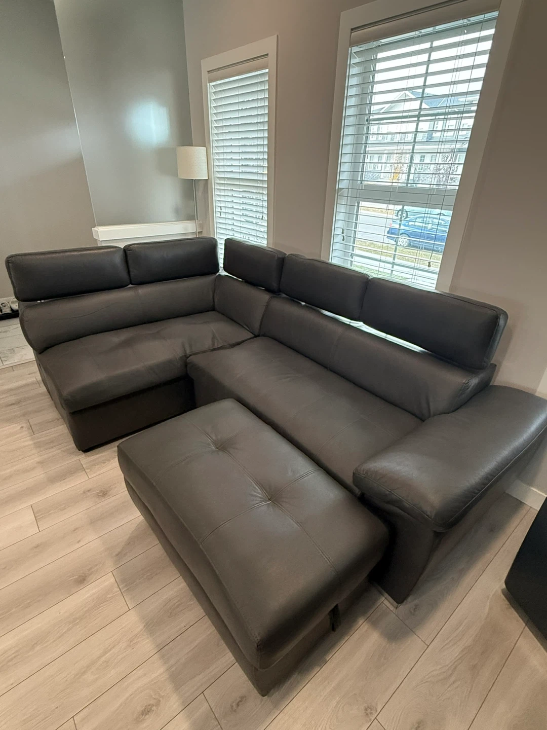 Grey Leather Sectional Sofa with Ottoman - photo 2