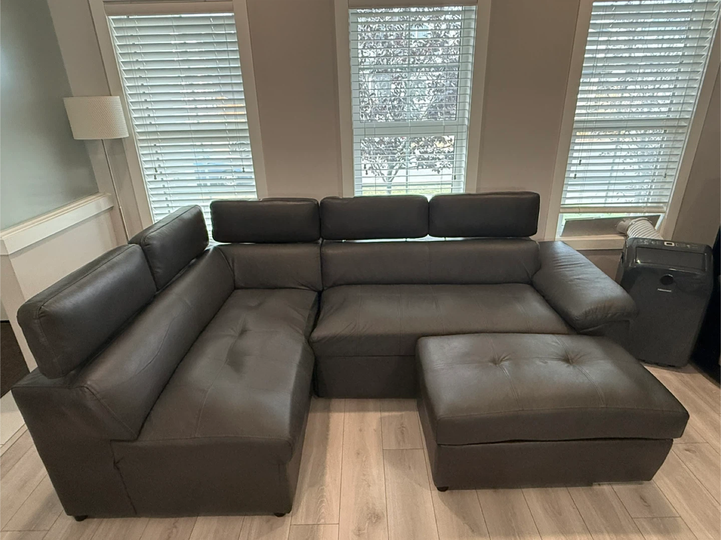 Grey Leather Sectional Sofa with Ottoman