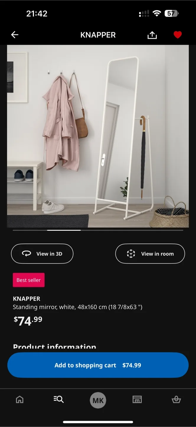 IKEA KNAPPER Standing Mirror, White thumbnail