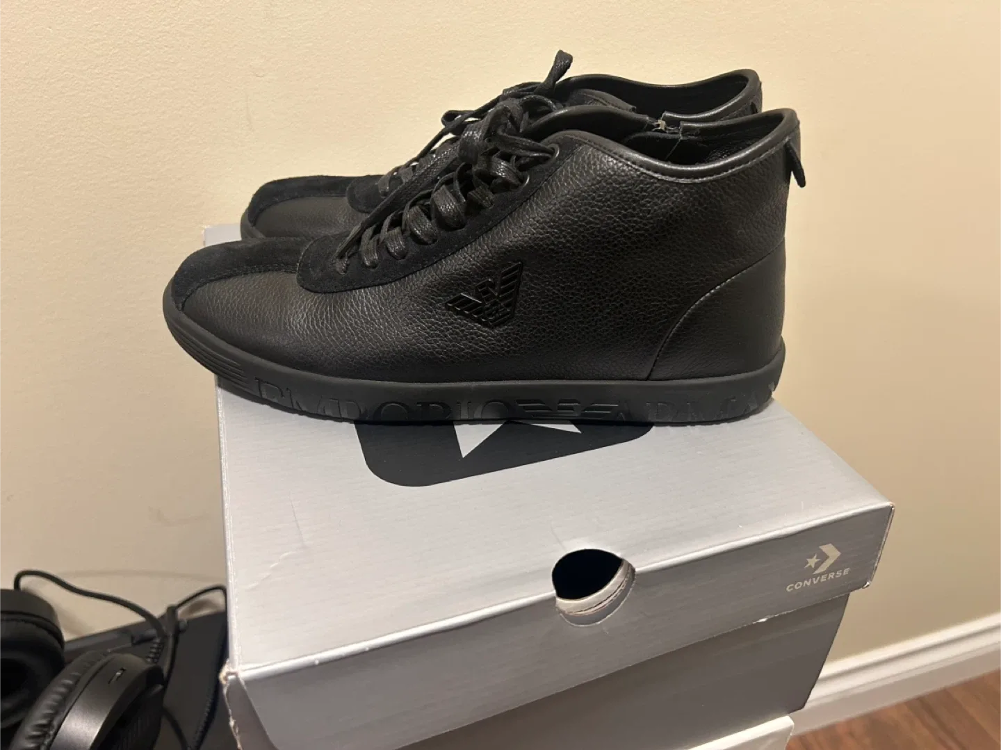 Giorgio Armani Black Leather High-Top Sneakers image indicator(3)