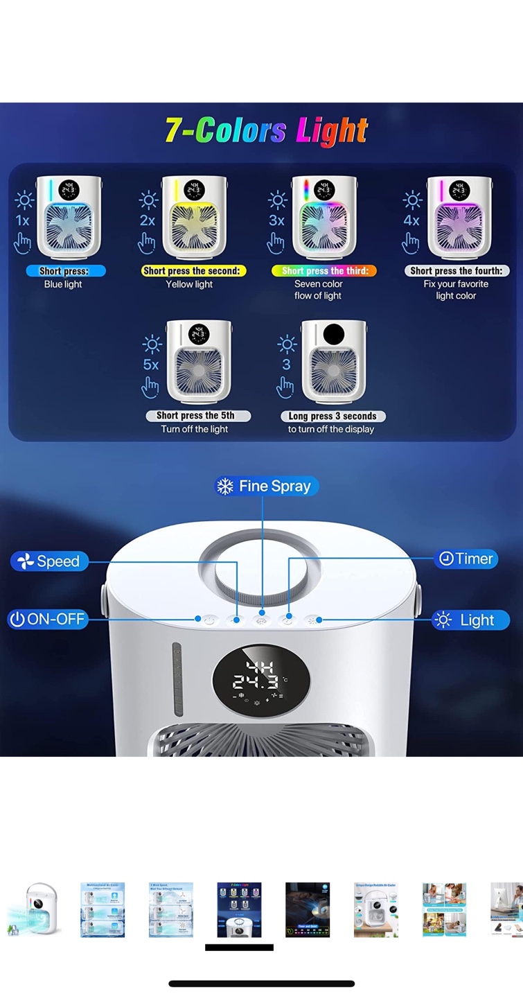 Portable Air Cooler with 7-Color Light - photo 2