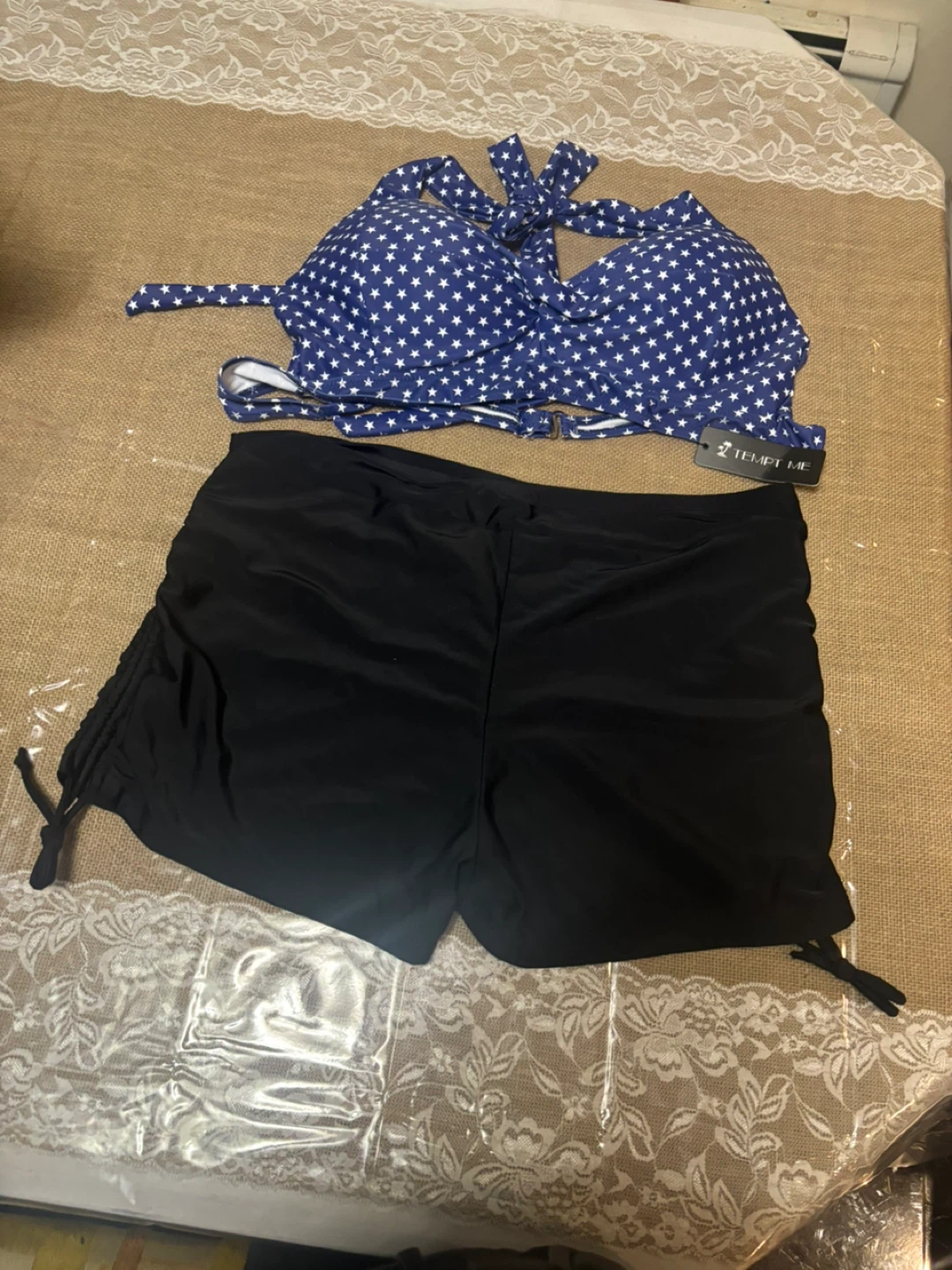 Tempt Me Swimsuit - Blue Stars, Black Bottoms - Size L