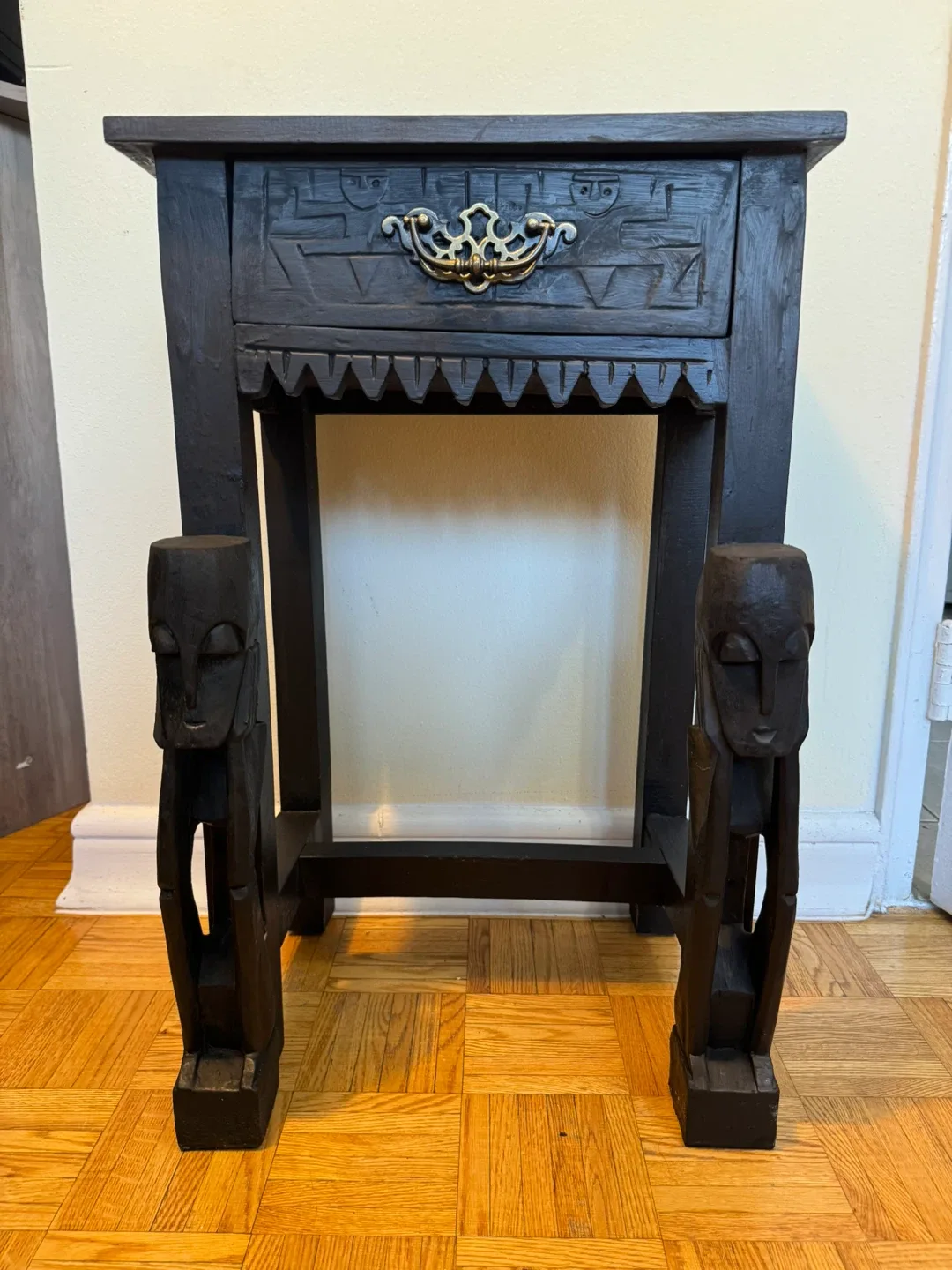 Unique Carved Black Wood Side Table thumbnail