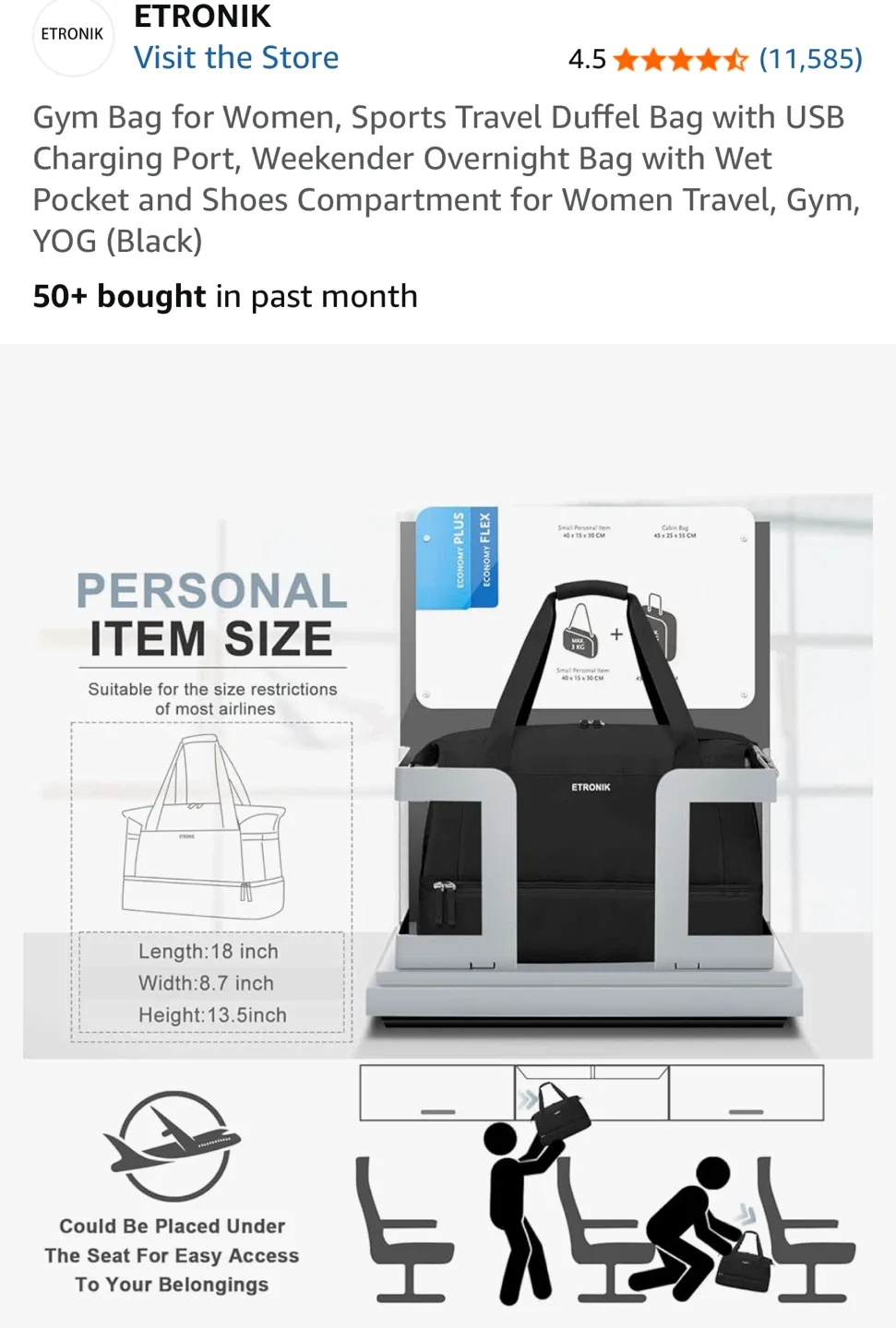 ETRONIK Gym Bag - Black Sports Travel Duffel image indicator(3)