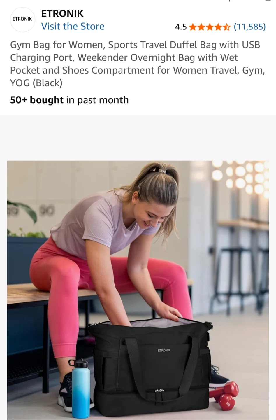 ETRONIK Gym Bag - Black Sports Travel Duffel image indicator(2)