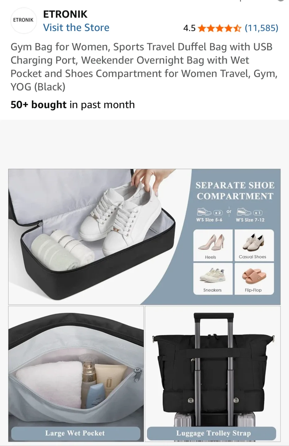 ETRONIK Gym Bag - Black Sports Travel Duffel image indicator(5)