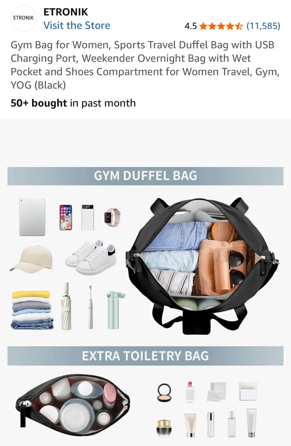 ETRONIK Gym Bag - Black Sports Travel Duffel image indicator(4)