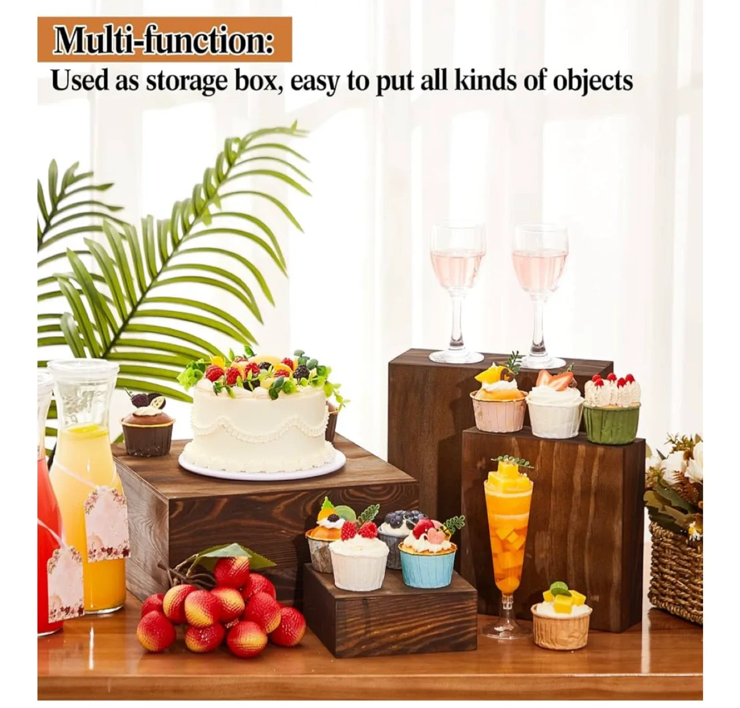 4 pcs Wooden Display Riser Set - Rustic Brown image indicator(2)