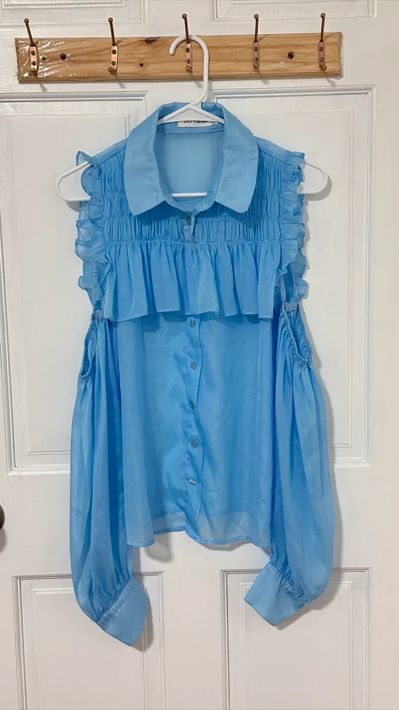Light Blue Ruffle Cold Shoulder Blouse