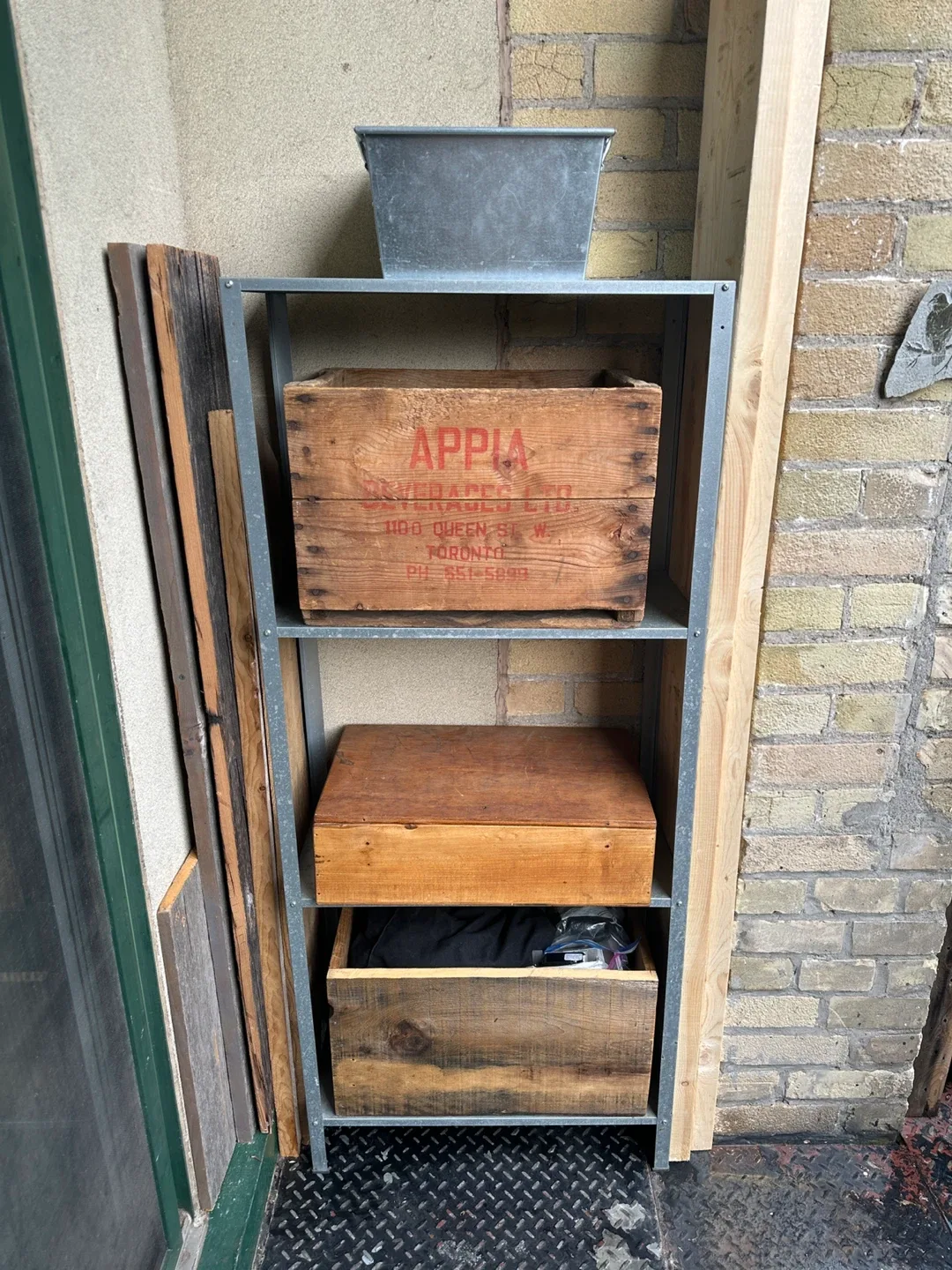 RUSTIC VINTAGE STEEL STORAGE SHELF W ANTIQUE WOOD BOX CRATES thumbnail
