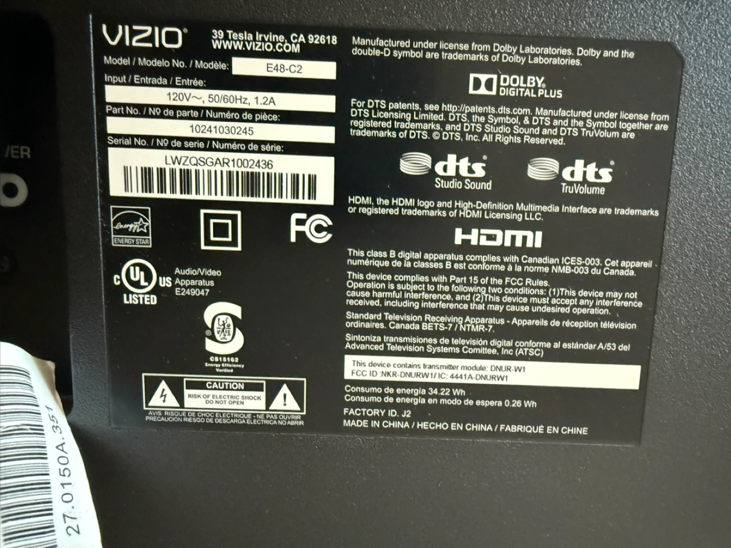 Vizio 48” E48-C2 TV and white metal console - photo 3