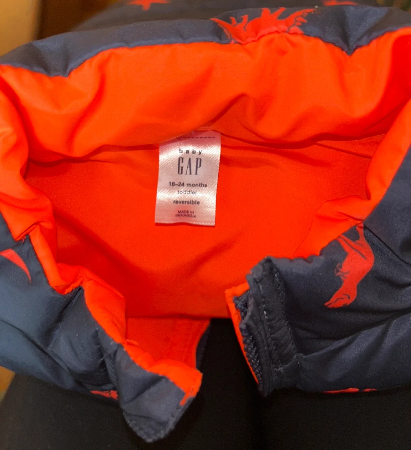 Gap Baby Reversible Navy/Neon Dinosaur Puffer Vest 18-24 Months image indicator(2)