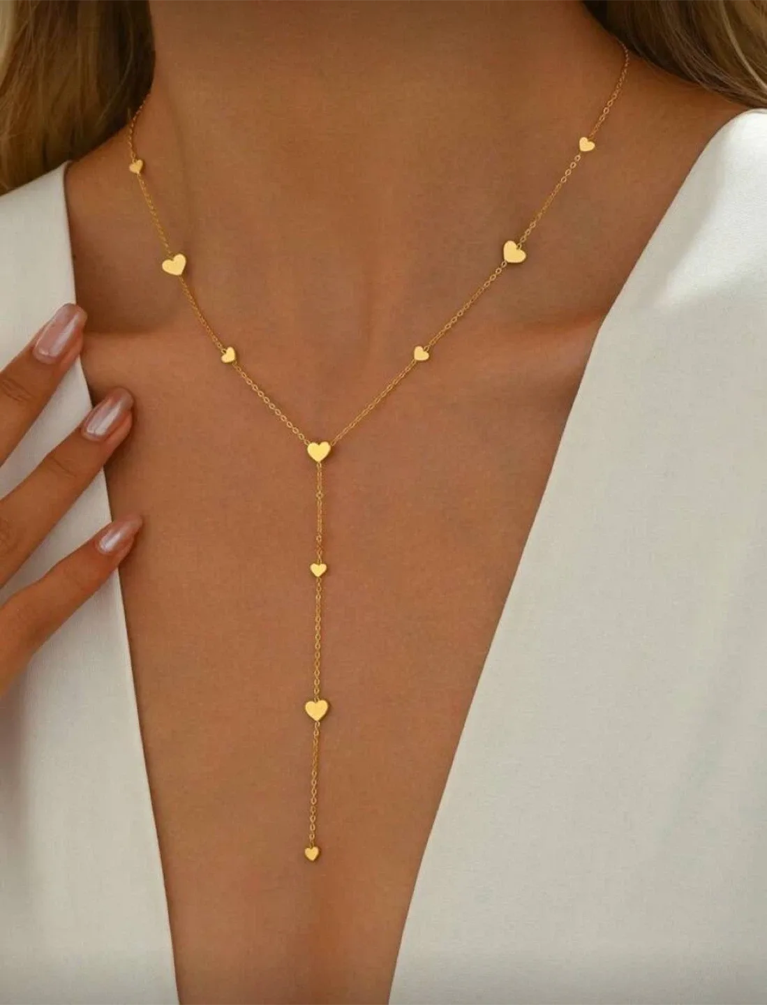Elegant Gold-Tone Y Necklace with Heart Charms thumbnail