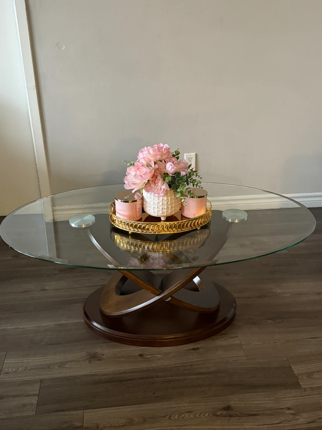 Glass Top Coffee Table with Wood Base
