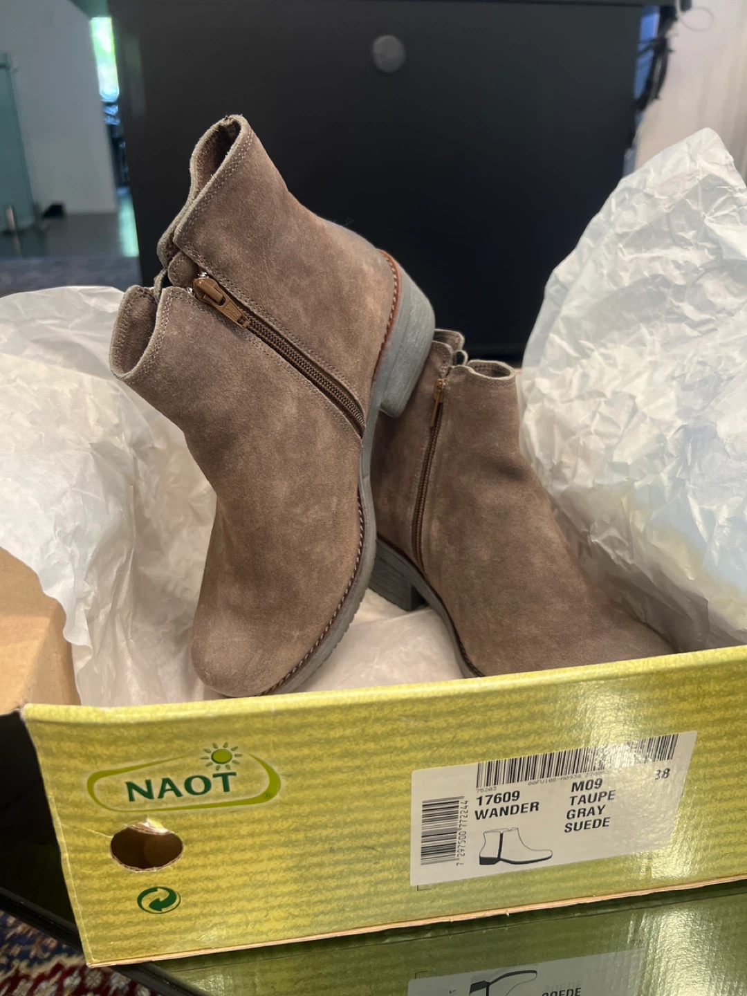 Naot Wander Taupe Suede Ankle Boots - Size 8