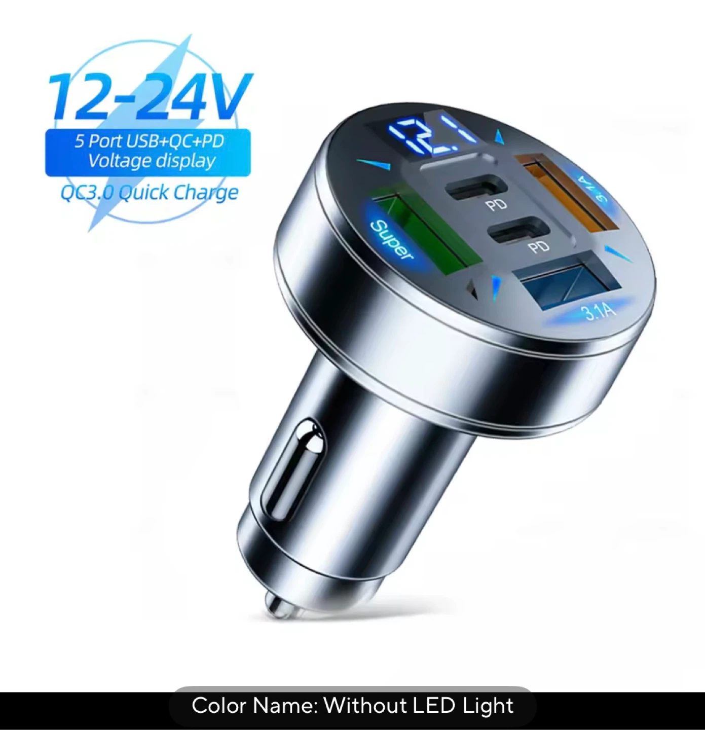 Car Charger 5 Port USB QC+PD Voltage Display