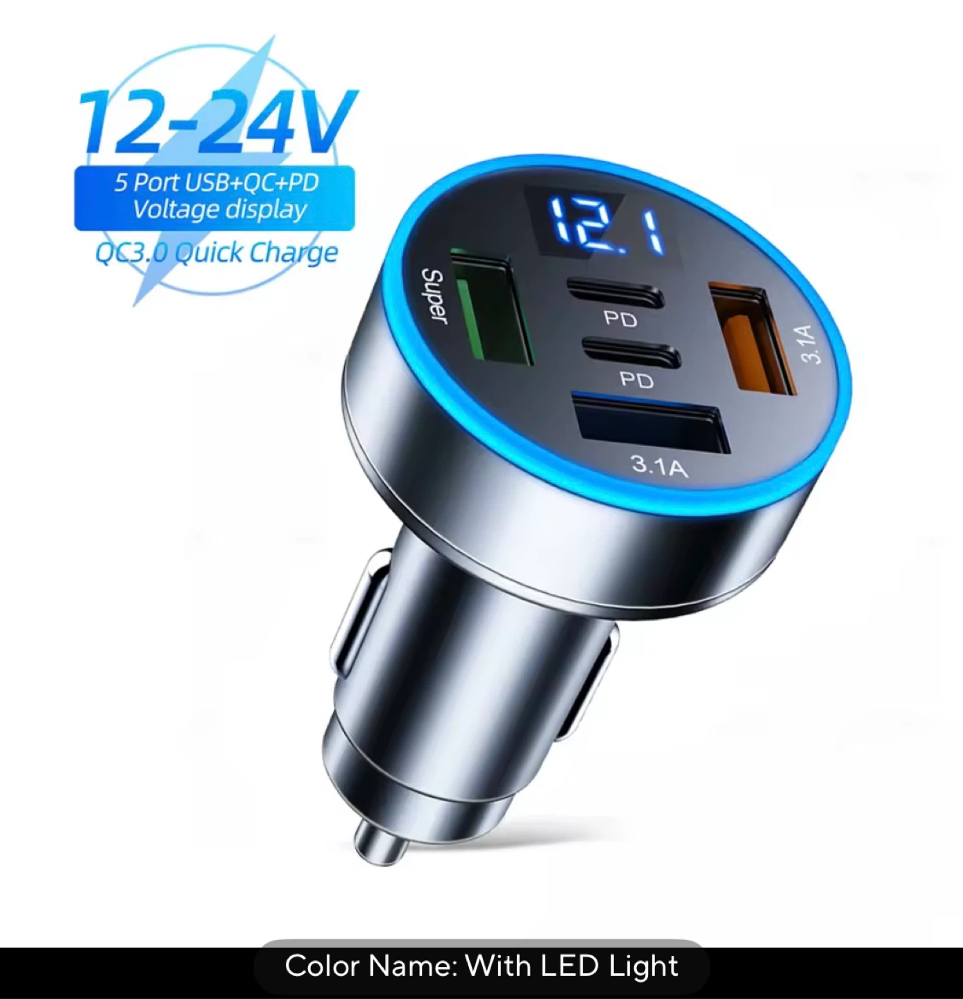 Car Charger 5 Port USB QC+PD Voltage Display - photo 2