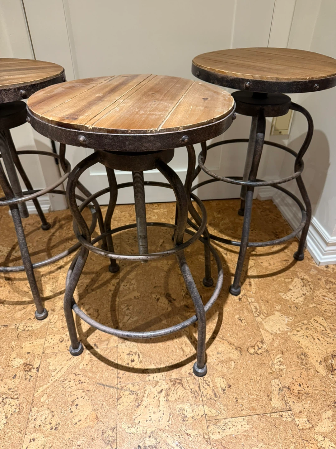 Set of 3 Wood & Metal Adjustable Stools