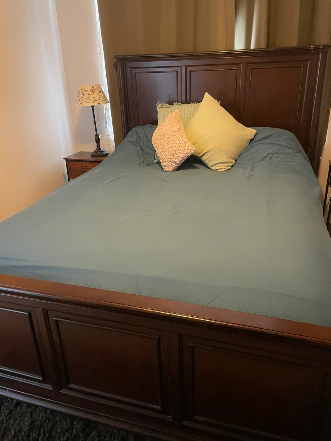 Queen Size Bed Frame & Mattress  - Dark Wood