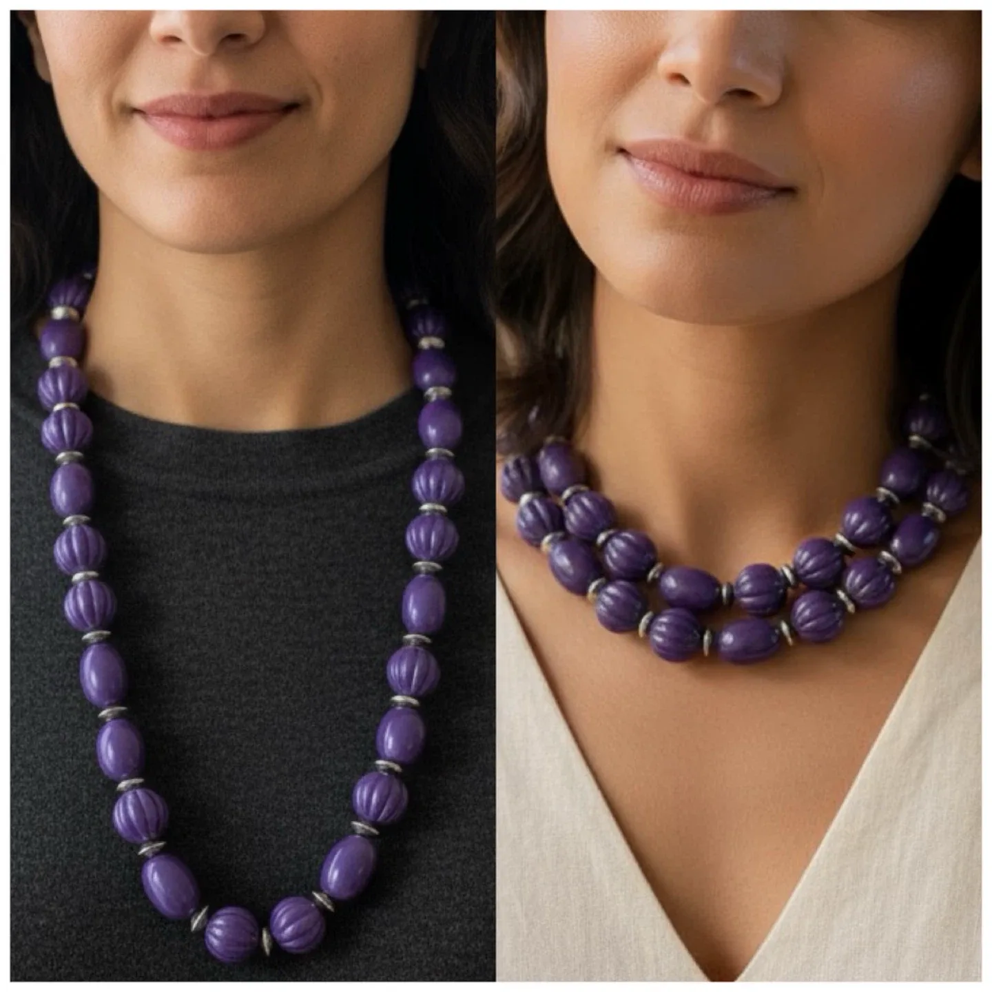 Vintage Fluted Purple Bead Necklace thumbnail