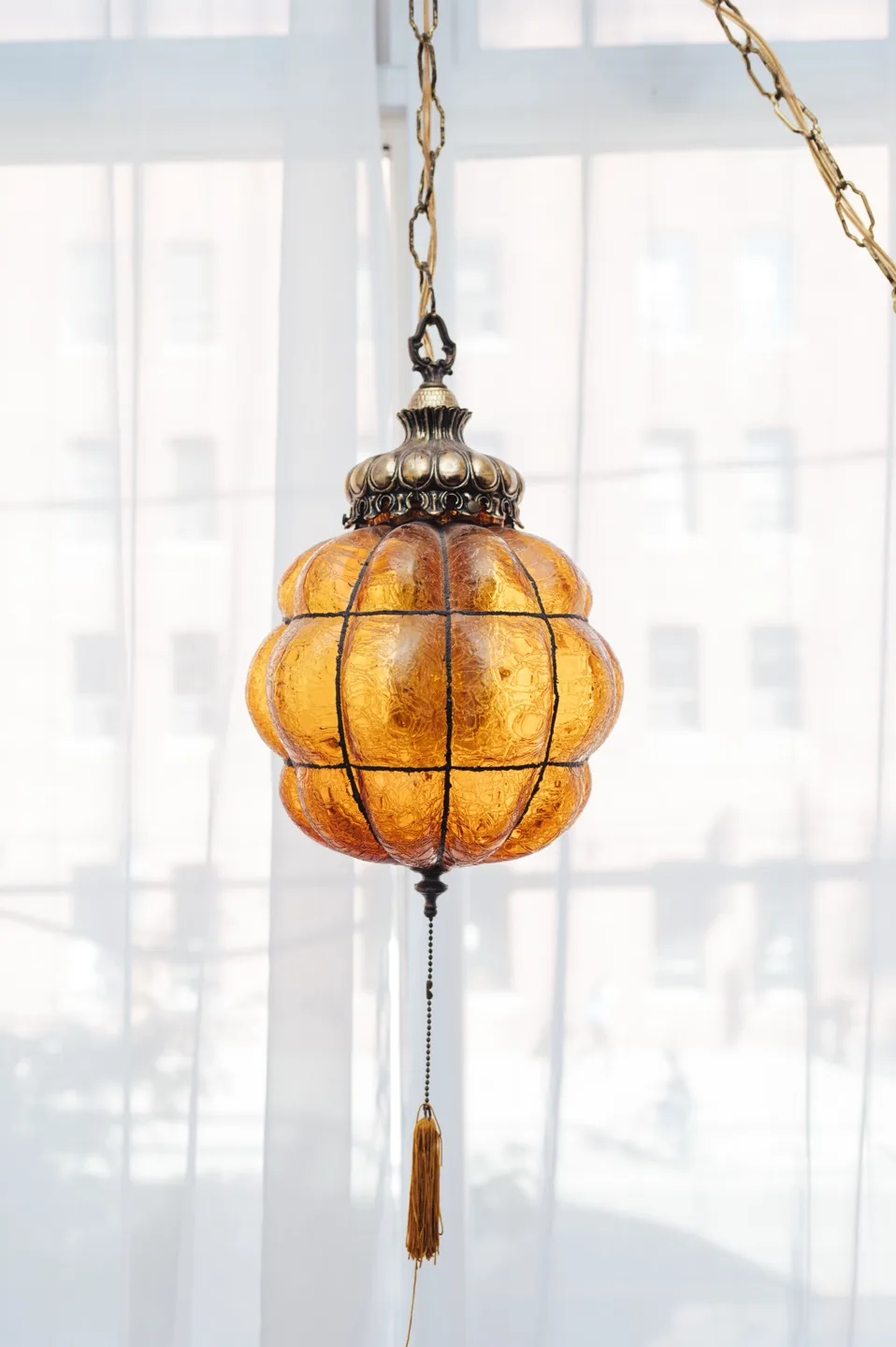 Midcentury Vintage Amber Glass Swag Lamp 🧡
