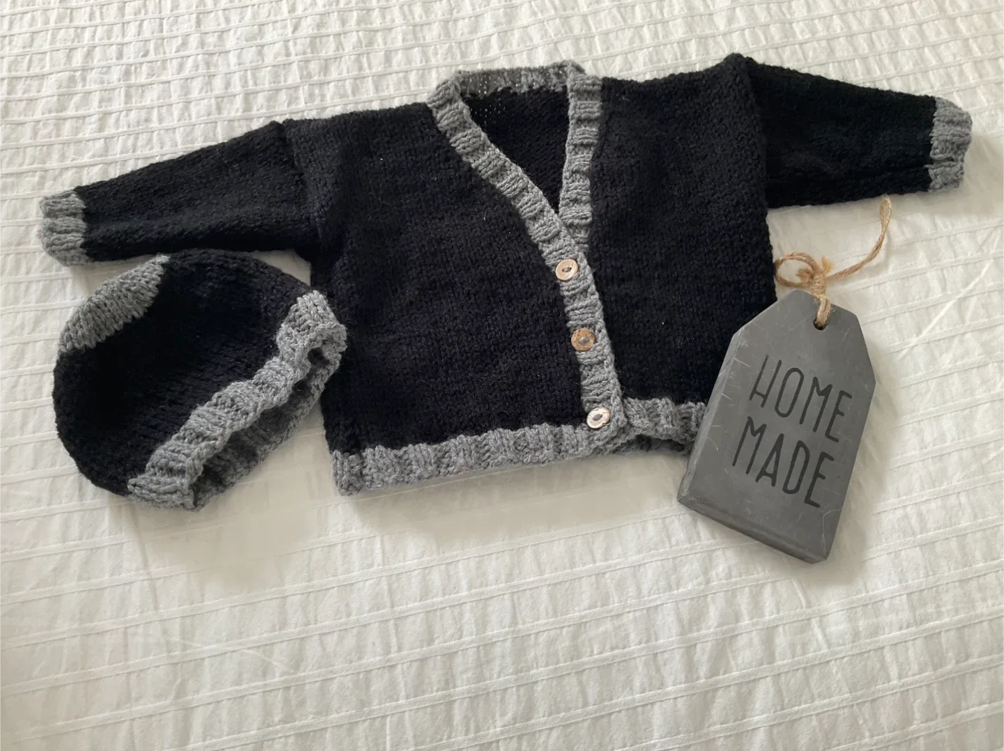 Handmade Black & Grey Baby Cardigan & Hat Set thumbnail