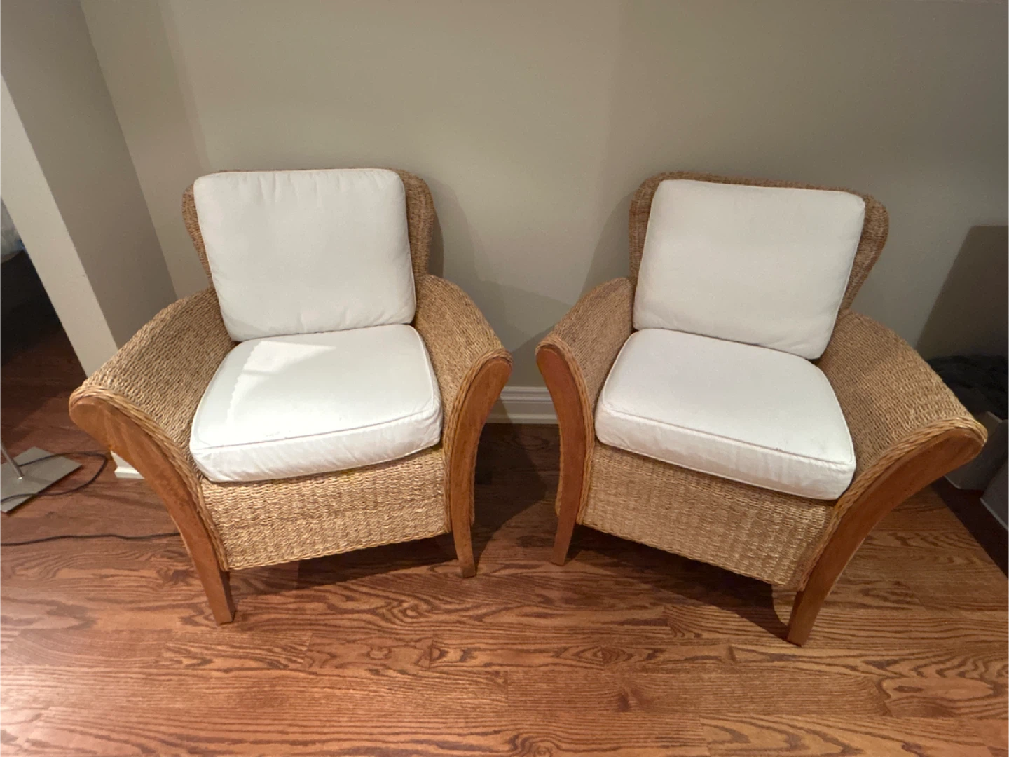 Wicker Accent Chairs with White Cushions - Set of 2