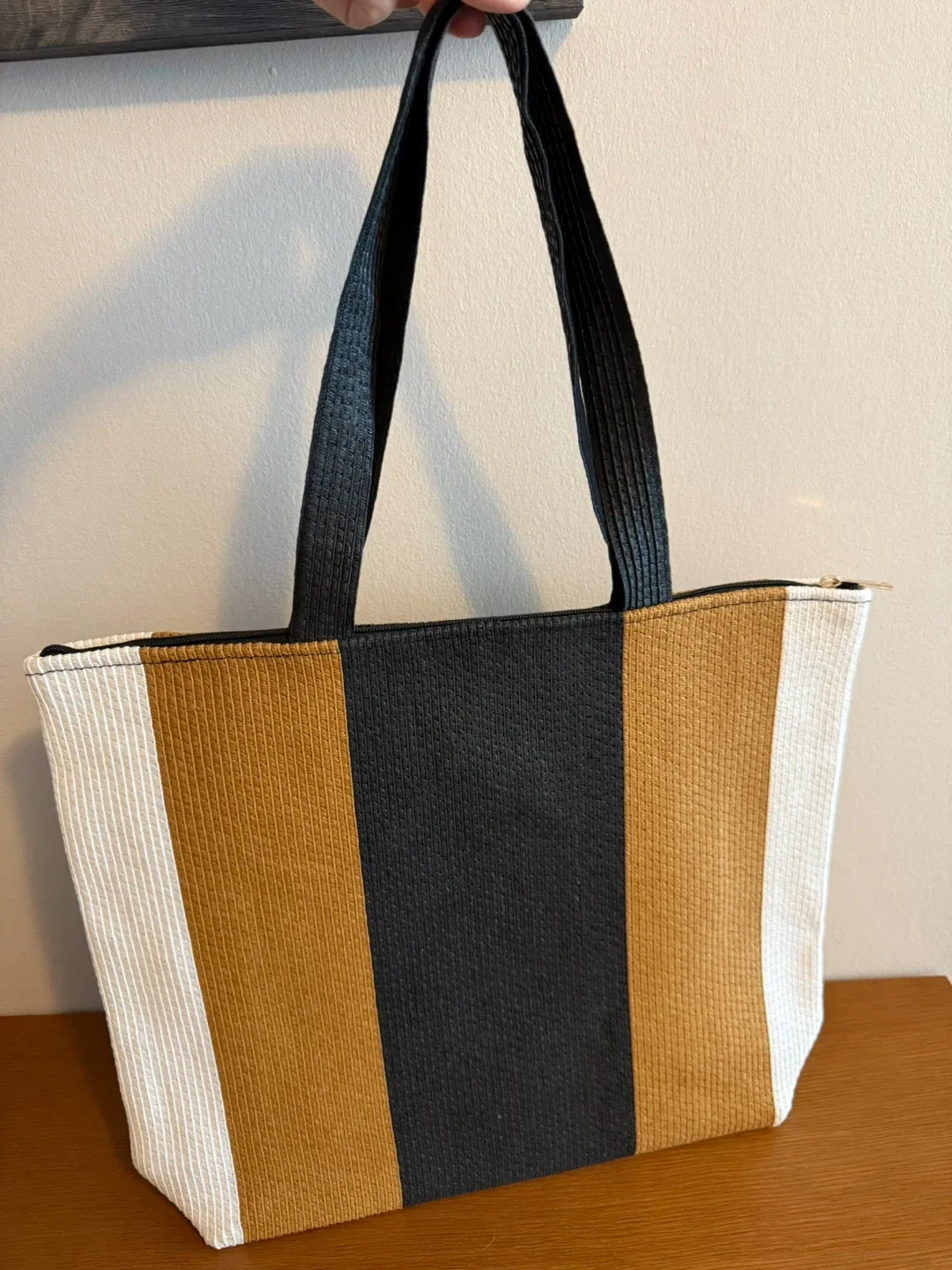 Striped Tote Bag - White, Gold, Black