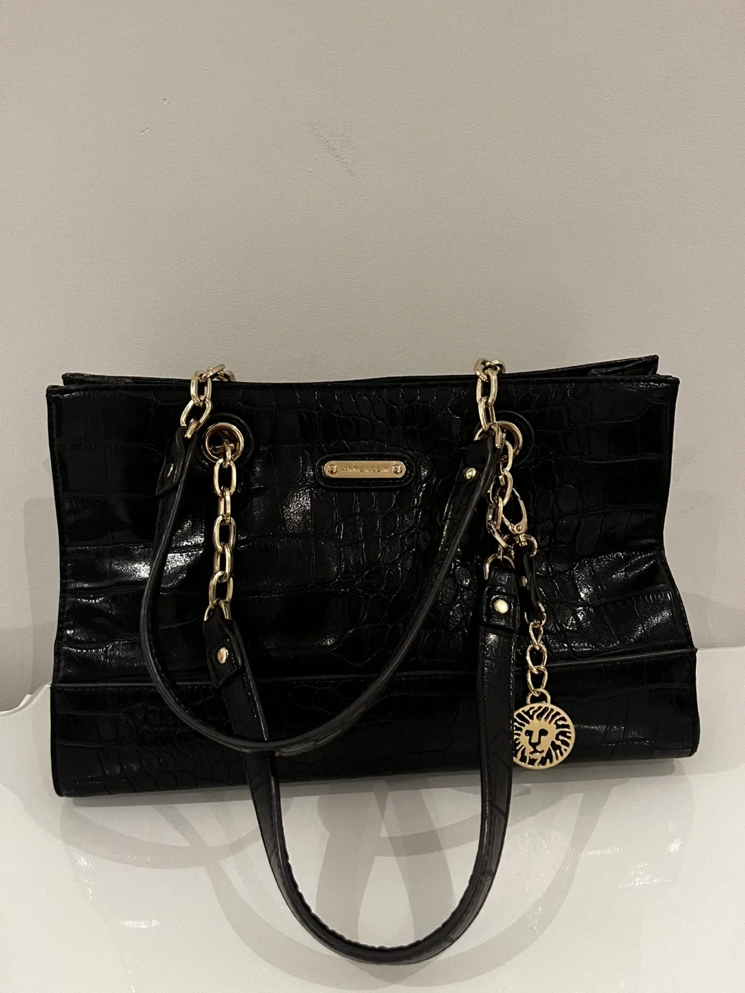 Anne Klein Black Faux Croc Tote Bag thumbnail