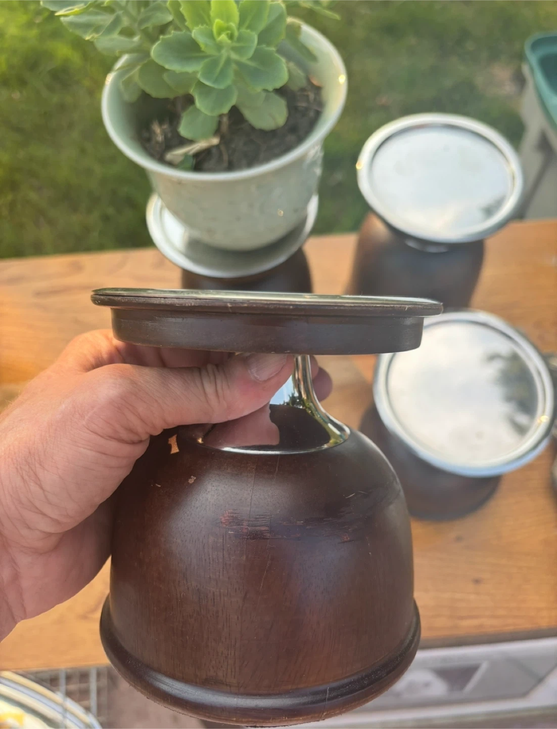Vintage Wood & Chrome Candle Holders (Set of 4)
