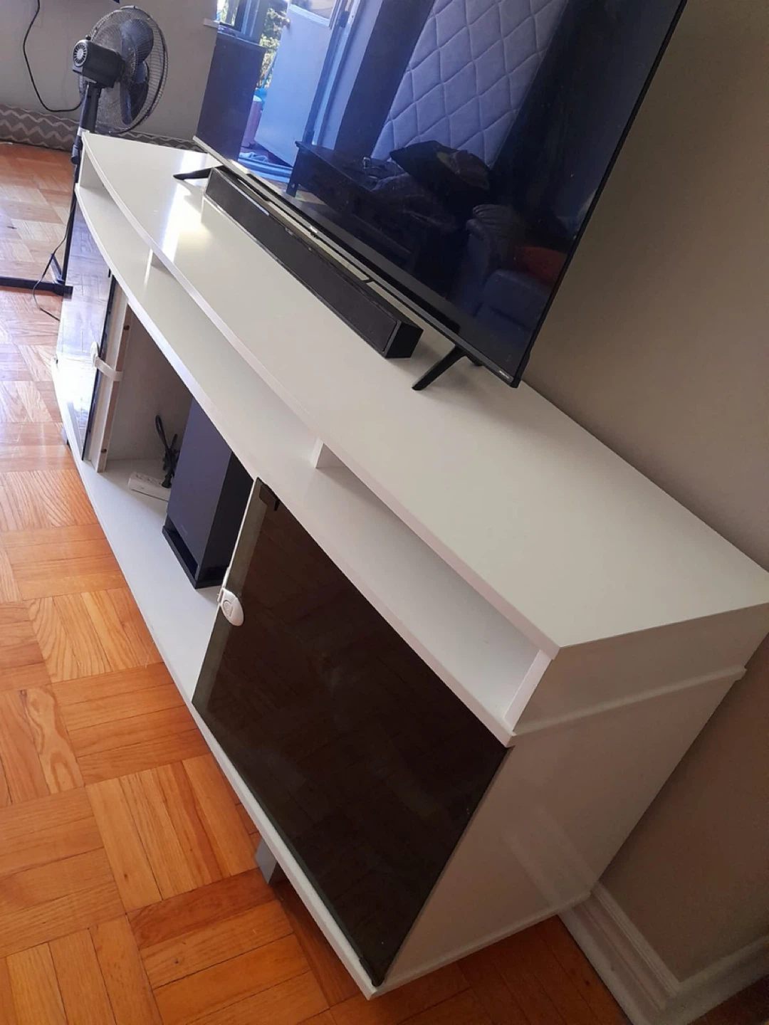 White TV Stand with Black glass Doors