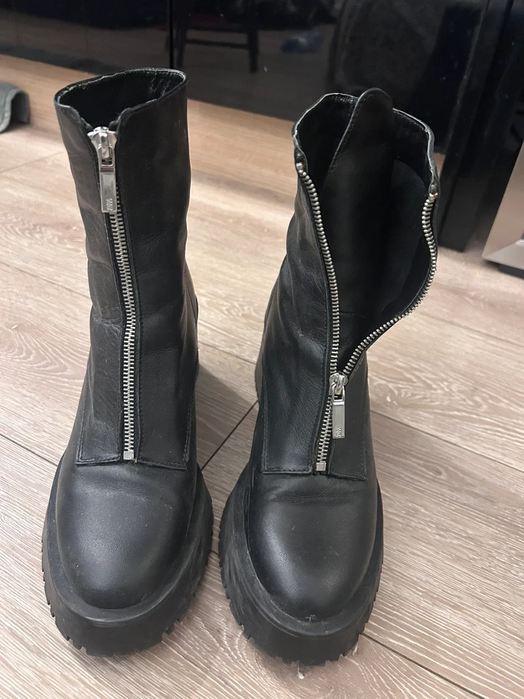 Zara Black Leather Heeled Boots - Size 39 thumbnail