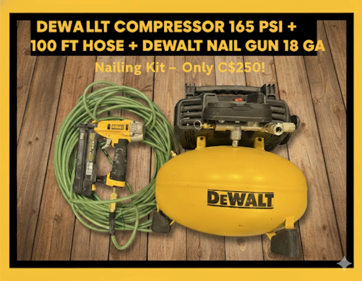 Dewalt Compressor, 165 PSI + 100 FT Hose + Dewalt Nail Gun thumbnail