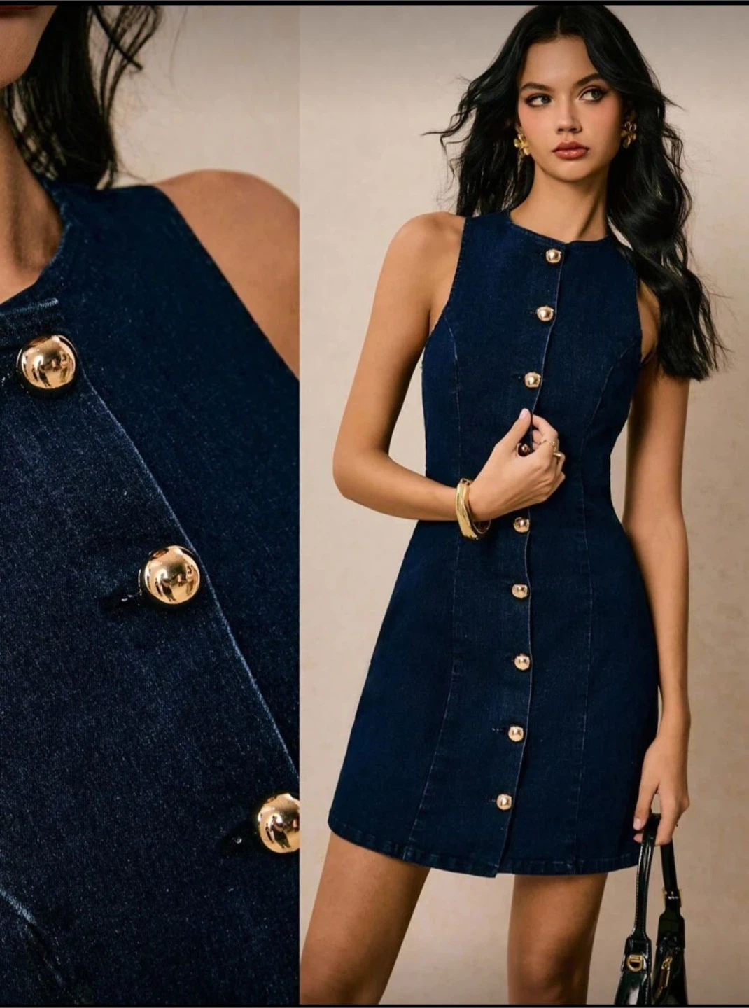 Denim Mini Dress with Gold Buttons - Never Worn - photo 2