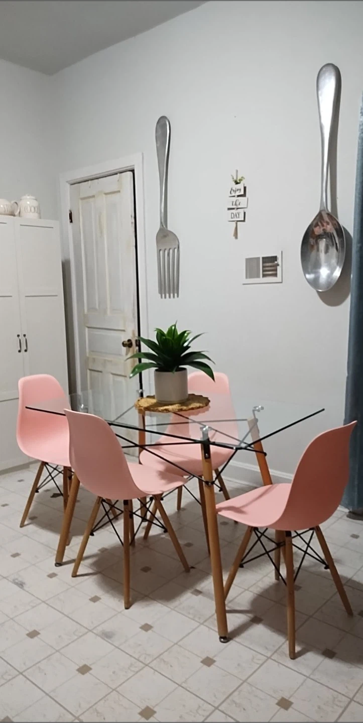 Glass Top Dining Table with 4 Pink Chairs