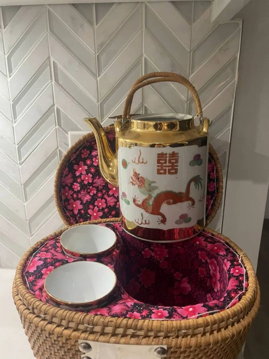 Vintage Chinese Tea Set with Basket thumbnail