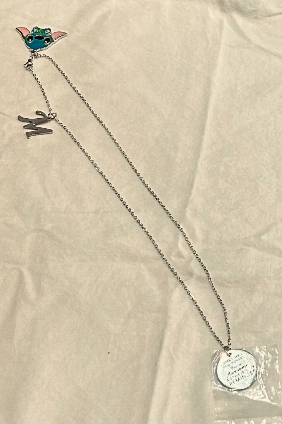 Silver Charm Necklace with Stitch and Letter M thumbnail