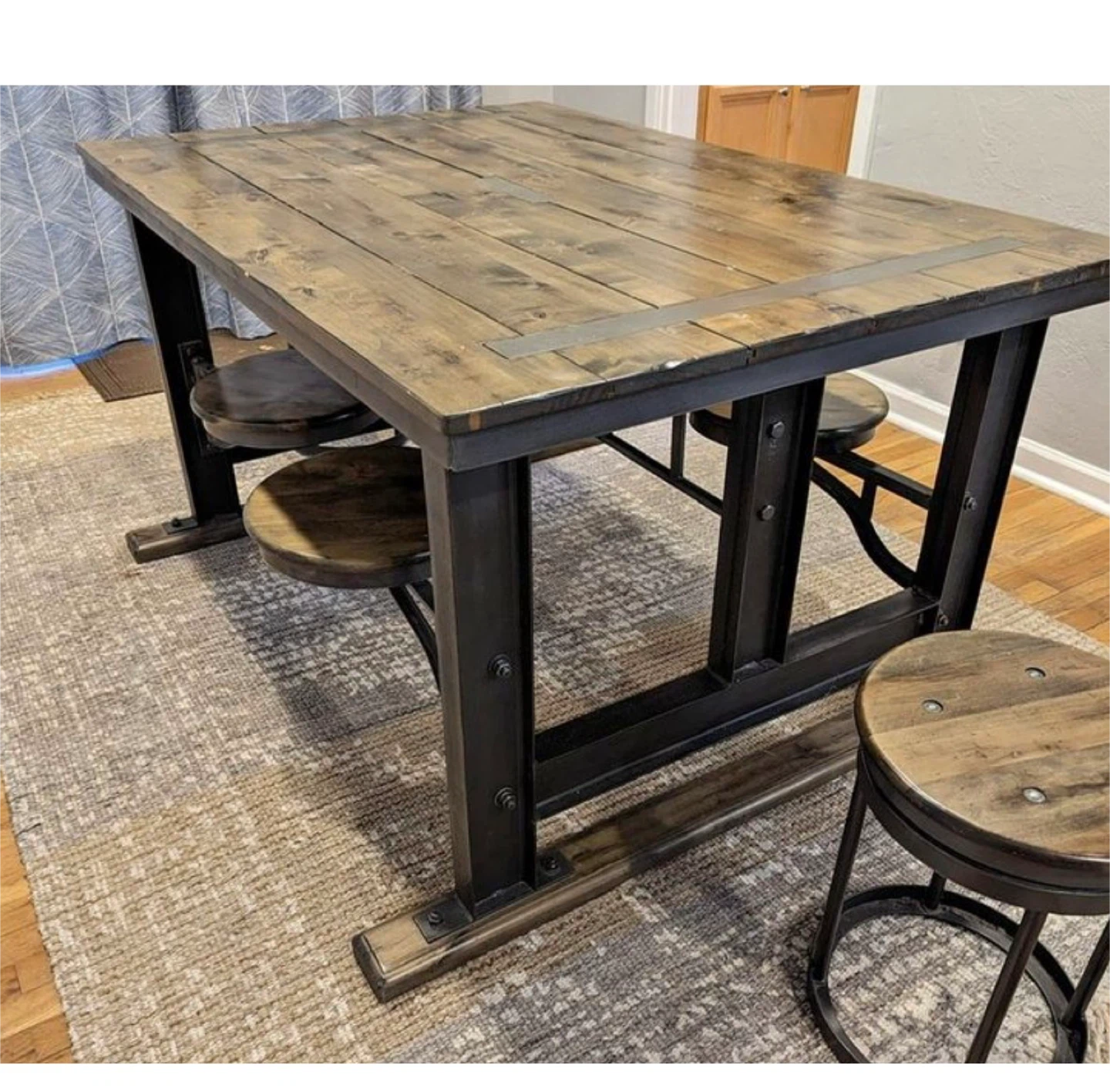 Industrial Style Dining Table with Attached Stools