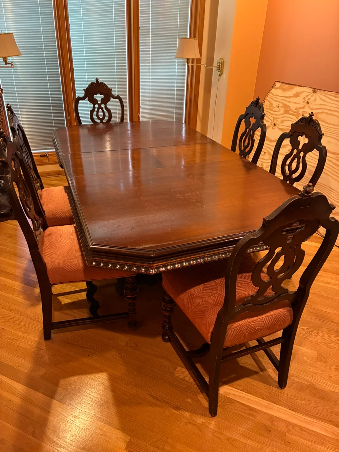Antique 1920s Jacobean Walnut Wooden Dining Table with Chairs