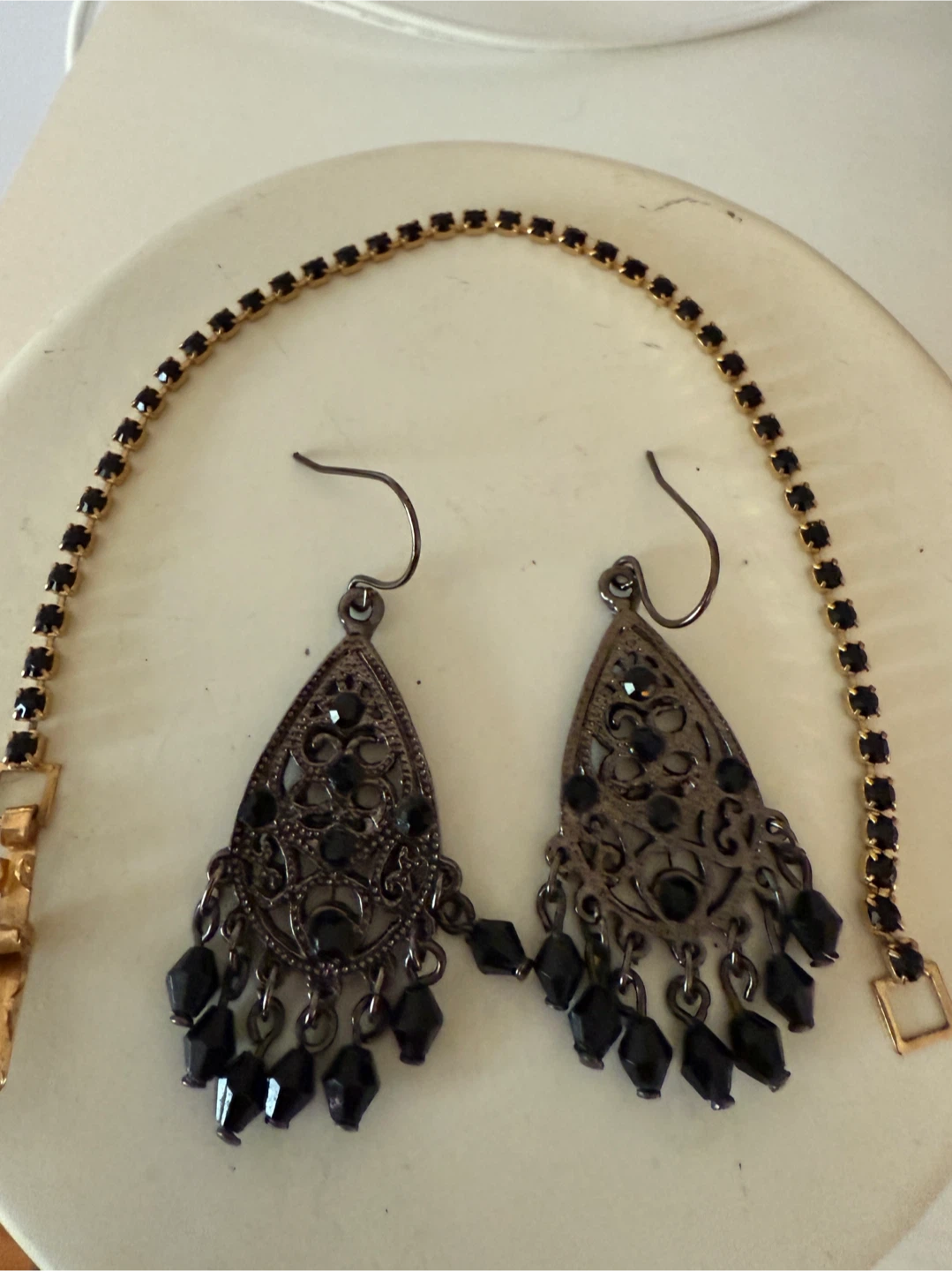 Black Dangle Earrings and Rhinestone Bracelet Set