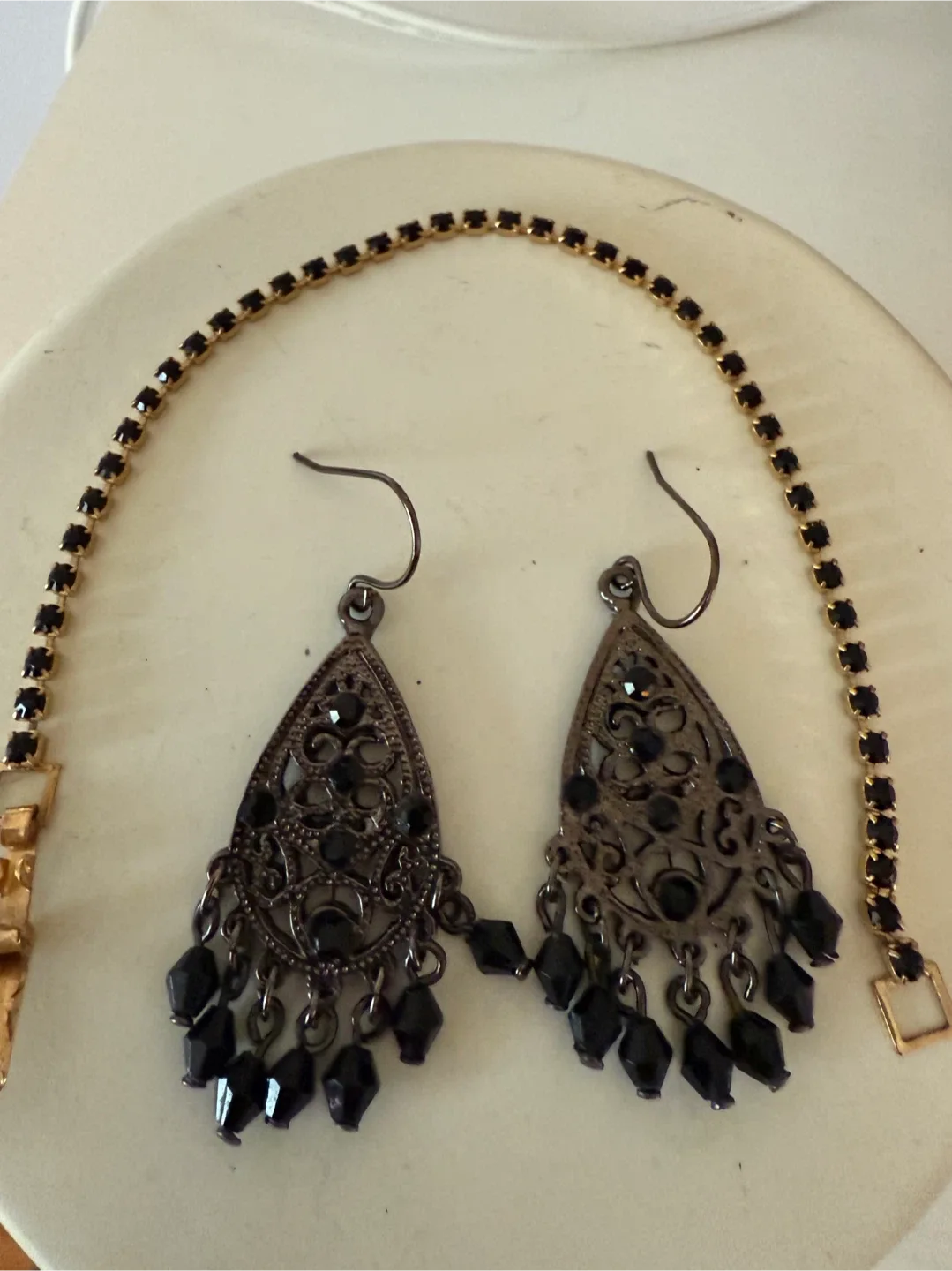 Black Dangle Earrings and Rhinestone Bracelet Set thumbnail