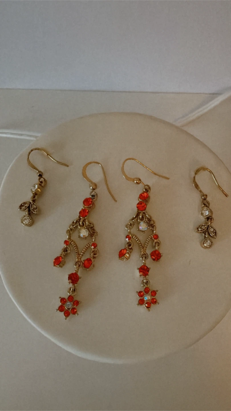 Red & Gold Dangle Earrings - Set of 2 Pairs