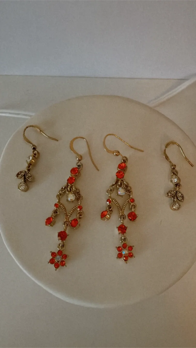 Red & Gold Dangle Earrings - Set of 2 Pairs thumbnail