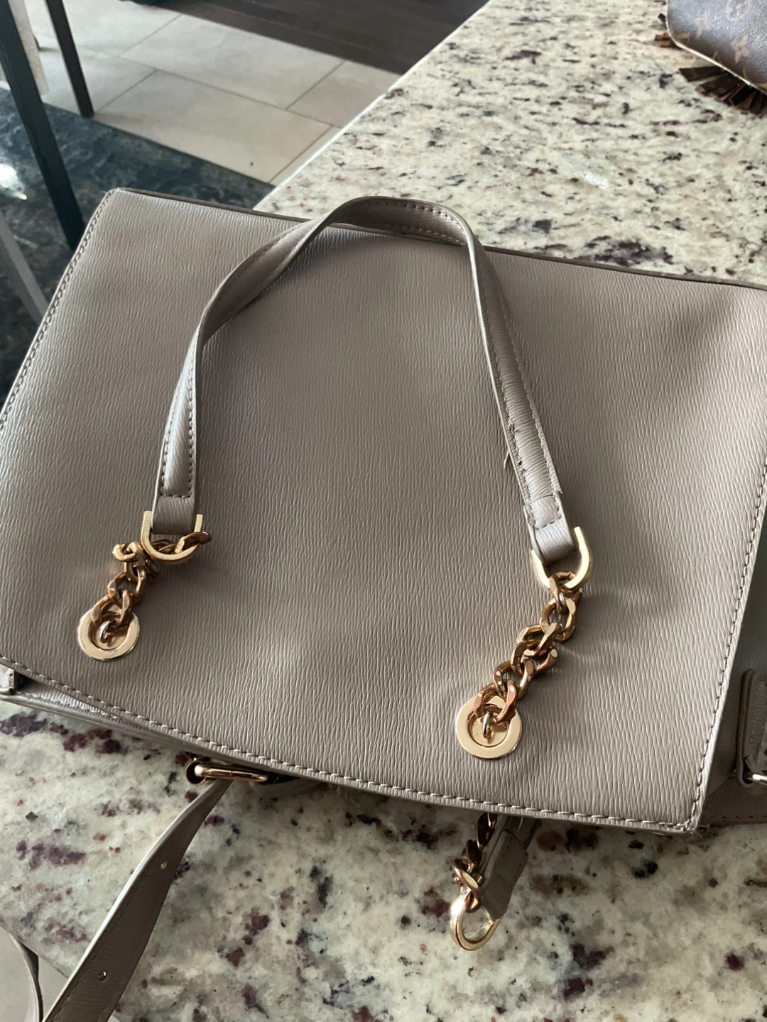 Beige Tote Bag with Gold Chain Detail