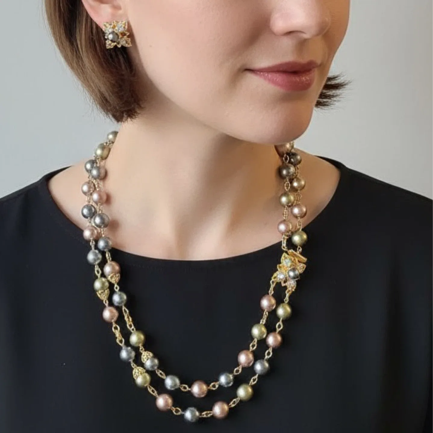 Joan Rivers Double Pearl Strand + AB Clip On Earrings thumbnail