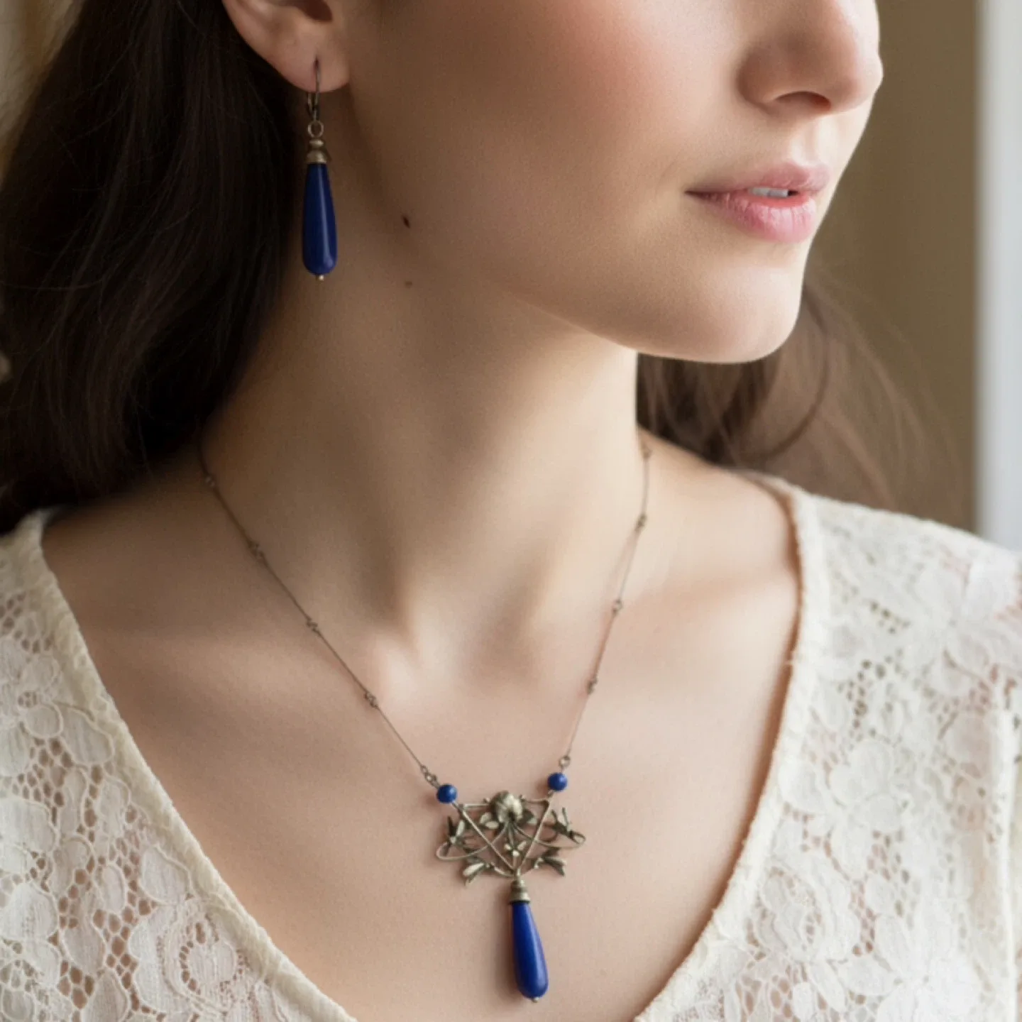 Art Nouveau Style Blue and Bronze Tone Necklace Earring Set 💙🦋 thumbnail