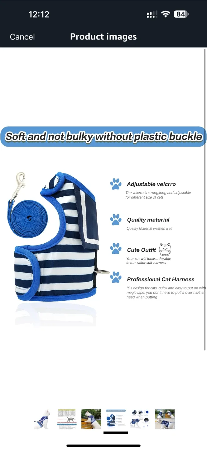 Cat Harness with Leash - Sailor Outfit, Blue & White image indicator(4)