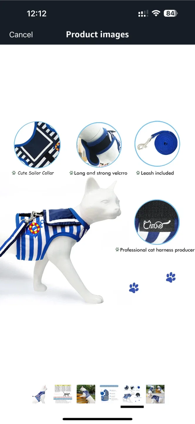 Cat Harness with Leash - Sailor Outfit, Blue & White image indicator(5)