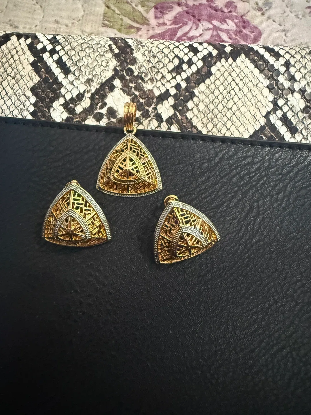 Gold Tone Triangle Pendant & Earrings Set thumbnail